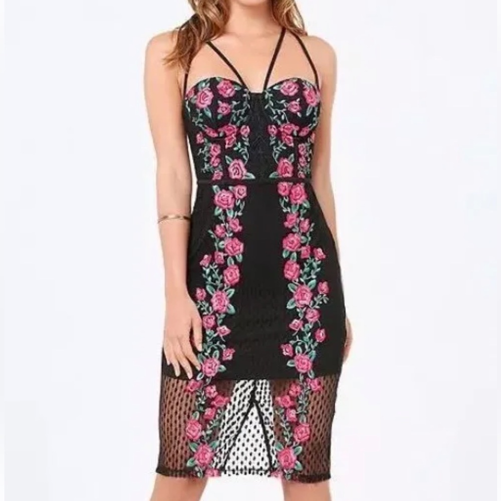 Dolce and Gabbana inspired Strappy bustier rose embroidered lace knee dress